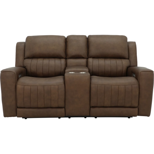 Pierce Zero Gravity Triple Power Reclining Console Loveseat in Oasis Walnut Brown Top-Grain Leather